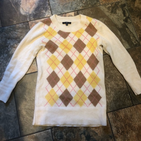 GAP Argyle Pattern Cream and Brown Wool Sweater - Picture 2 of 4